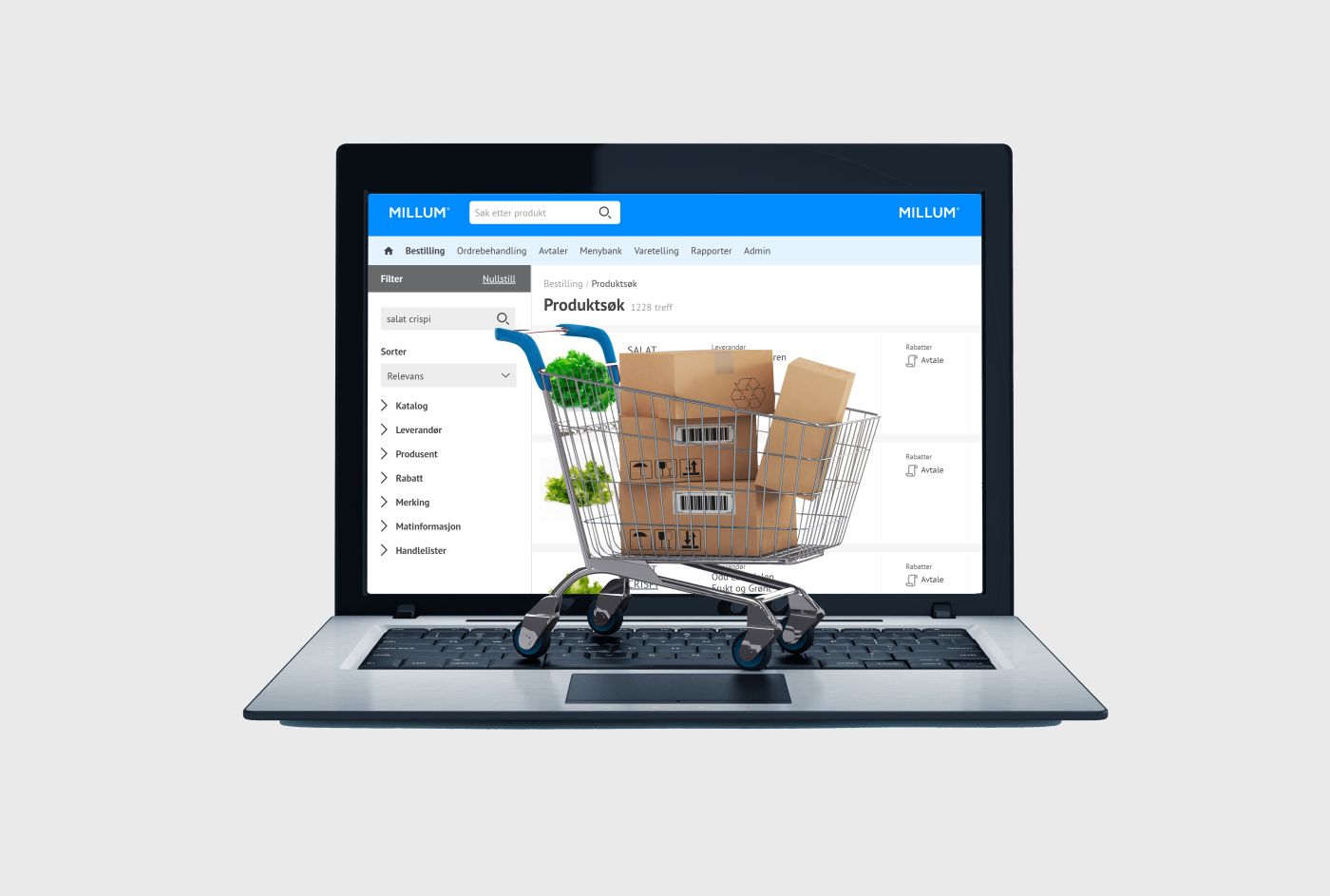 Illustrasjon av laptop med Millum-side på skjermen og en handlevogn stående på tastaturet. 